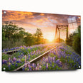 Acrylic glass wall art collection showcasing a vibrant railroad landscape design, viewed from the side with decorative pins for mounting. Ideal for modern home decor.