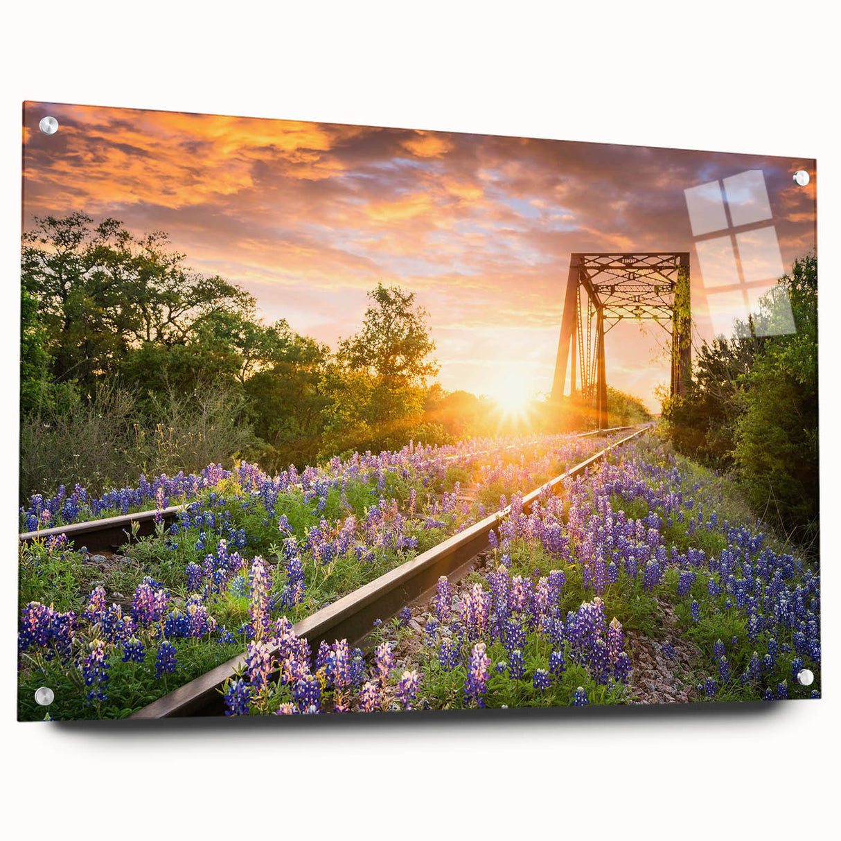 Acrylic glass wall art collection showcasing a vibrant railroad landscape design, viewed from the side with decorative pins for mounting. Ideal for modern home decor.