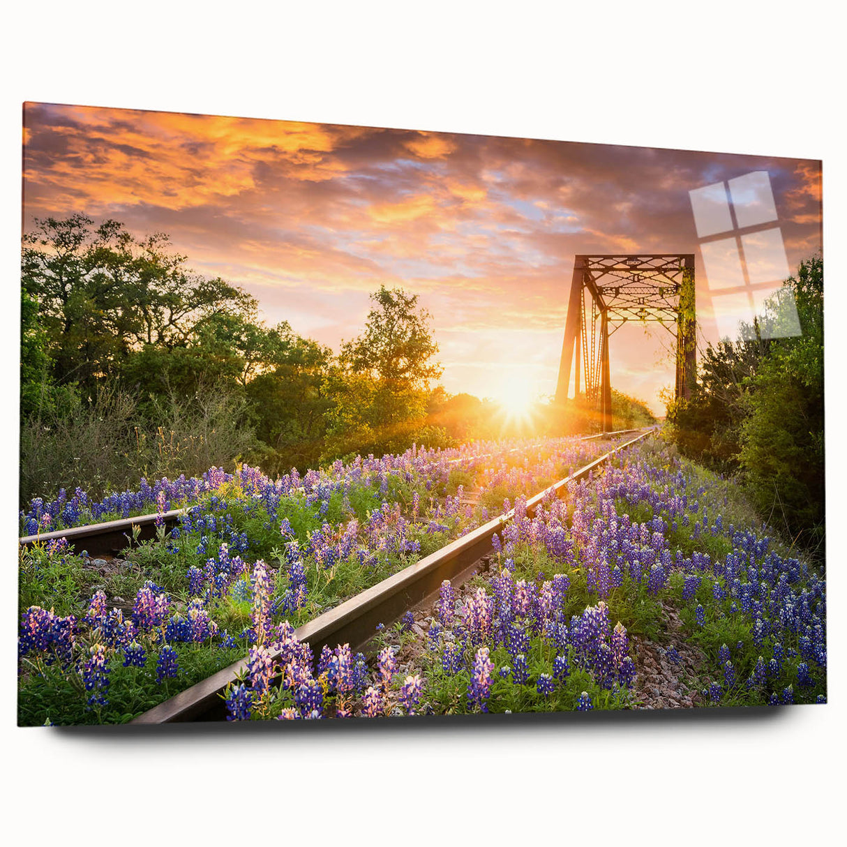 Acrylic wall art of a scenic railroad landscape, showcasing vibrant colors and intricate details. The piece is displayed in a side view, highlighting its sleek design and modern aesthetic, perfect for home or office decor.