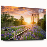 Acrylic wall art of a scenic railroad landscape, showcasing vibrant colors and intricate details. The piece is displayed in a side view, highlighting its sleek design and modern aesthetic, perfect for home or office decor.