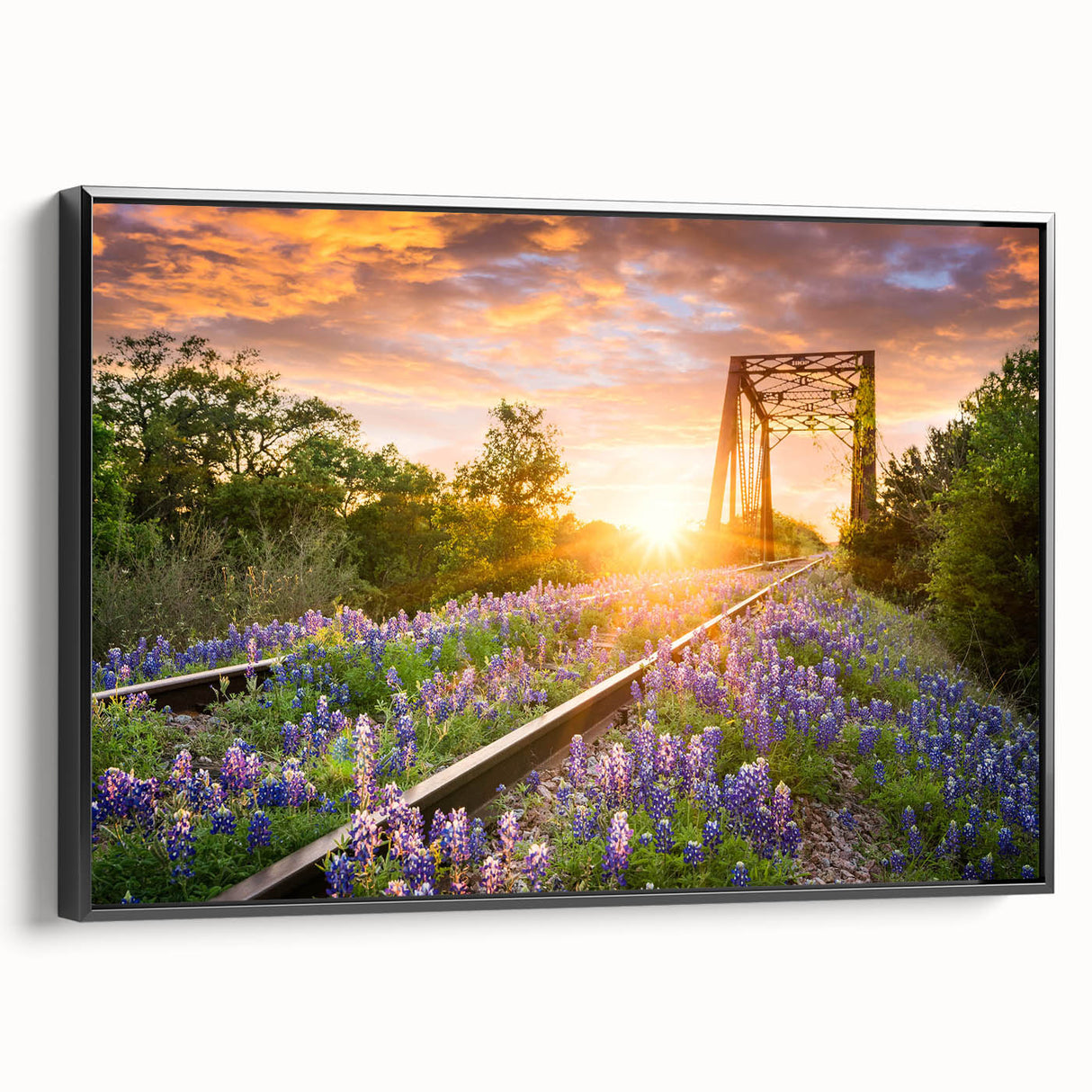 Framed canvas wall art showcasing a stunning landscape of a railroad scene, featuring vibrant colors and intricate details, perfect for home decor.
