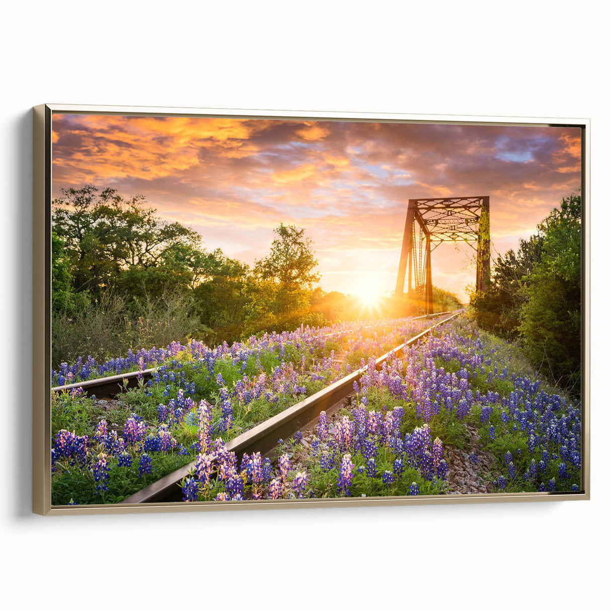 Framed canvas wall art showcasing a serene railroad landscape design with gold accents, ideal for enhancing home decor. Captivating side view highlights intricate details and elegant framing.