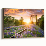 Framed canvas wall art showcasing a serene railroad landscape design with gold accents, ideal for enhancing home decor. Captivating side view highlights intricate details and elegant framing.
