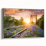 Framed canvas wall art showcasing a scenic railroad landscape with vibrant colors, set in a sleek silver frame, perfect for enhancing modern decor.