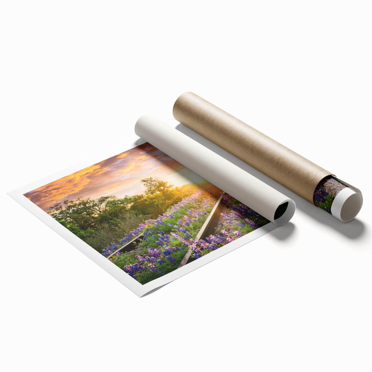 Rolled print of a vibrant railroad landscape wall art design, showcasing detailed train tracks under a blue sky, ideal for home decor or art collectors.