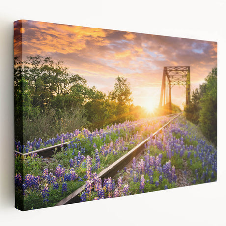 Stretched canvas wall art showcasing a scenic railroad landscape with vibrant colors and intricate details, ideal for modern home decor. Perfect for enhancing living spaces or offices.
