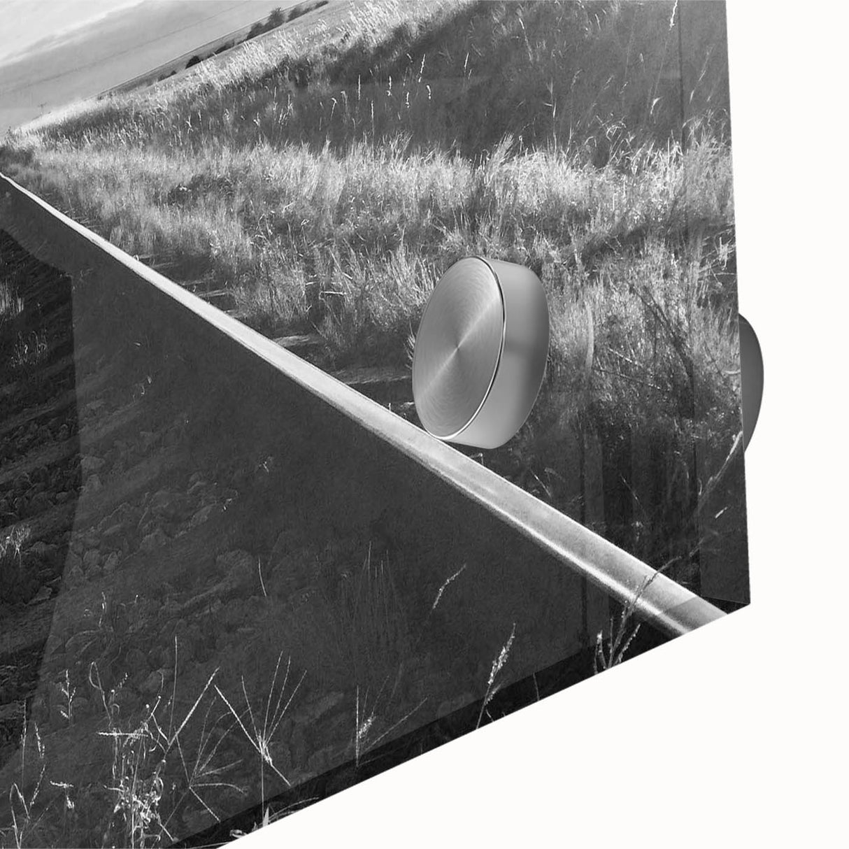 Close-up of a stunning acrylic glass wall art piece showcasing a vibrant landscape with railroad tracks, featuring rich colors and intricate details, perfect for home decor.