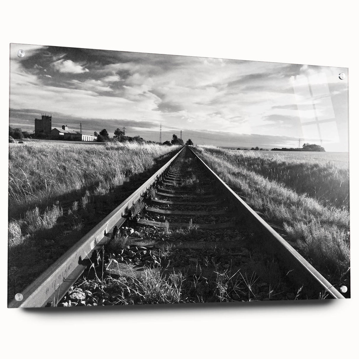 Acrylic glass wall art collection showcasing a stunning side view of a railroad landscape design, featuring vibrant colors and intricate details, ideal for home decor.