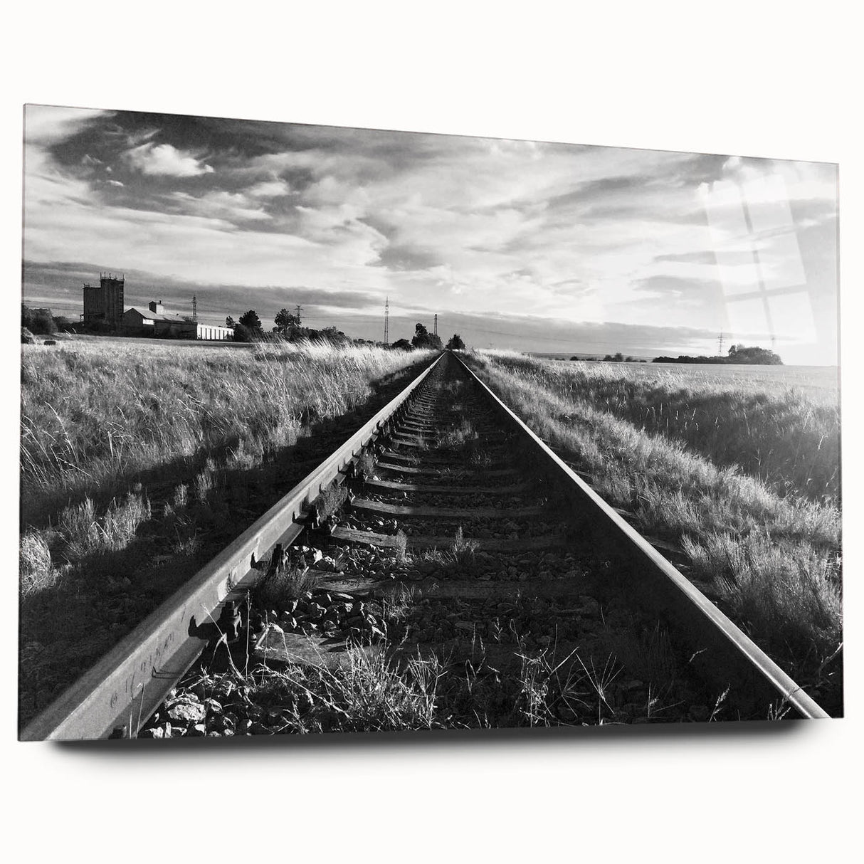 Acrylic glass wall art collection showcasing a vibrant landscape and railroad design, framed in a sleek side view, ideal for modern decor.