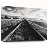 Acrylic glass wall art collection showcasing a vibrant landscape and railroad design, framed in a sleek side view, ideal for modern decor.