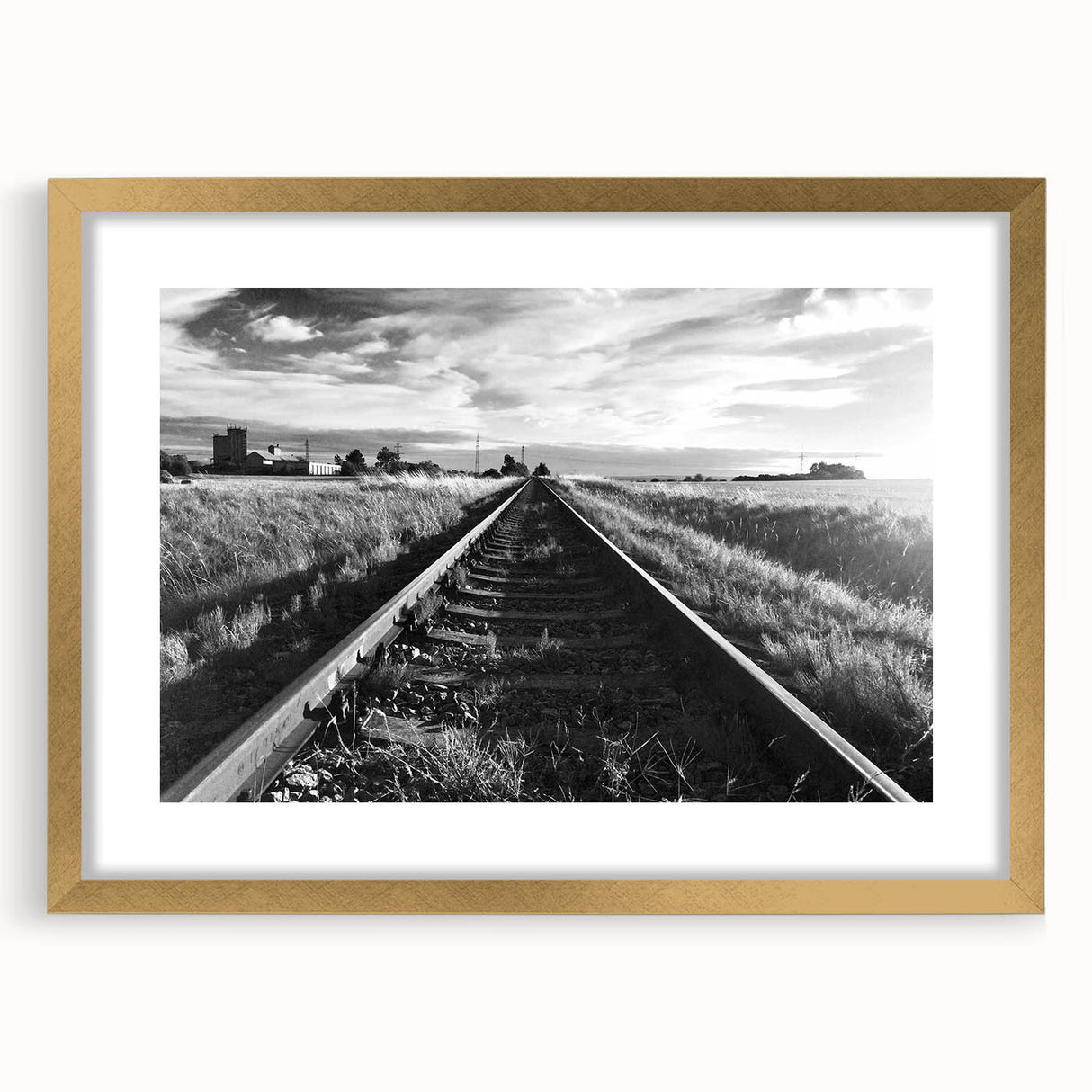 Framed wall art collection showcasing a scenic railroad landscape in a gold frame with a mat, ideal for enhancing home decor with a touch of elegance and nature.