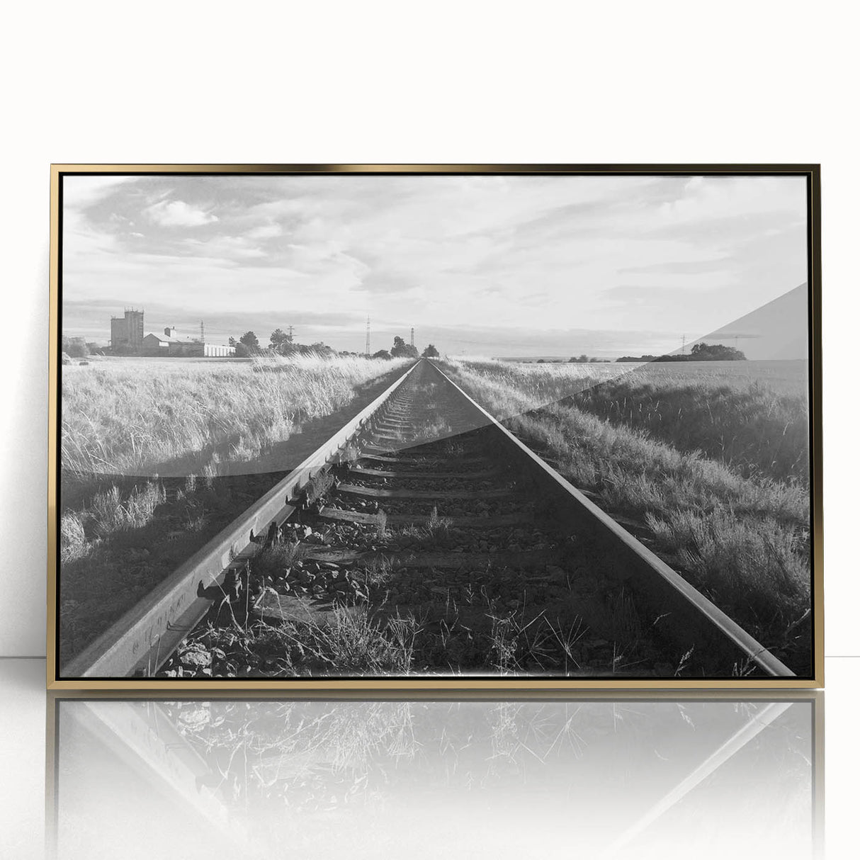 Framed acrylic wall art showcasing a vibrant railroad landscape design with gold accents, perfect for enhancing modern home decor. Ideal for art enthusiasts and collectors.