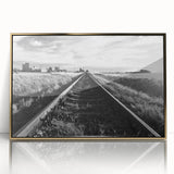 Framed acrylic wall art showcasing a vibrant railroad landscape design with gold accents, perfect for enhancing modern home decor. Ideal for art enthusiasts and collectors.