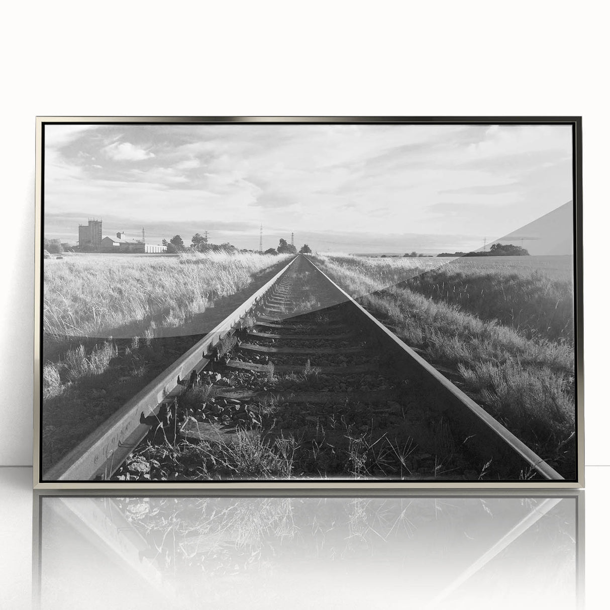 Framed acrylic wall art showcasing a scenic railroad landscape design, featuring vibrant colors and a sleek silver frame, ideal for enhancing home decor.