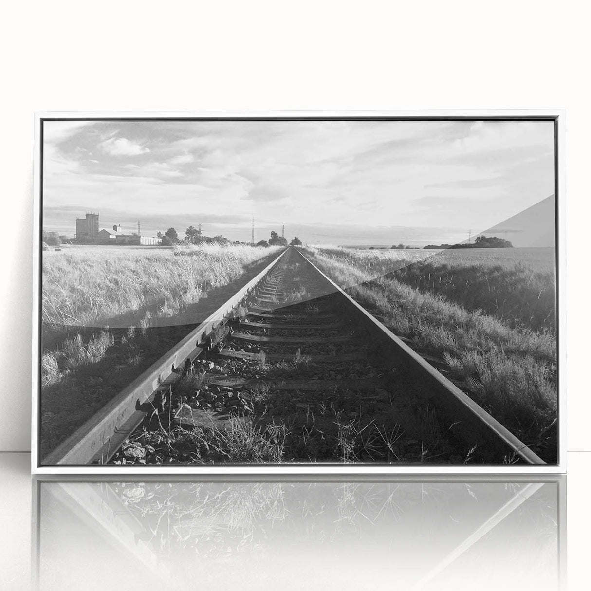 Framed acrylic wall art featuring a vibrant railroad landscape design, showcasing intricate details and colors, perfect for enhancing modern home decor with a touch of adventure.