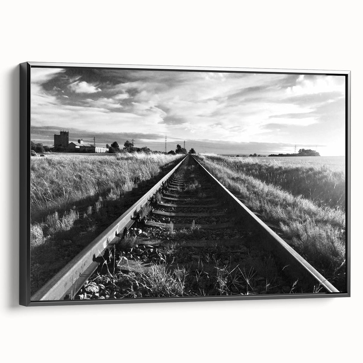 Framed canvas wall art showcasing a black and white railroad landscape design, highlighting intricate details and textures, perfect for modern home decor.