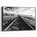 Framed canvas wall art showcasing a black and white railroad landscape design, highlighting intricate details and textures, perfect for modern home decor.