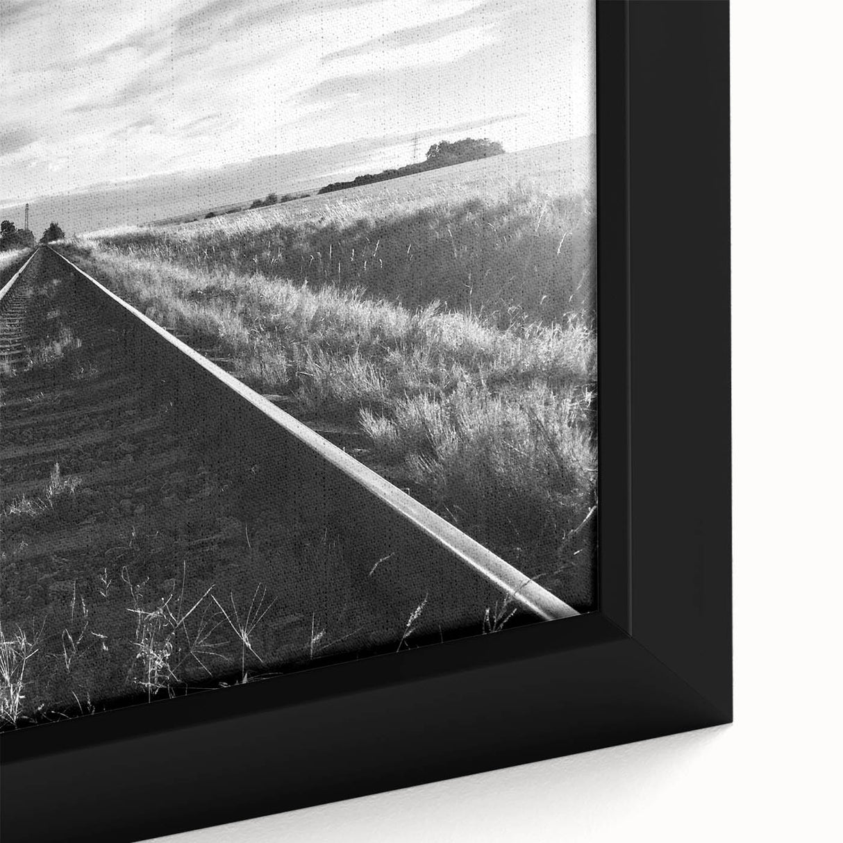 Framed wall art close-up showcasing a detailed railroad landscape design on canvas, featuring vivid colors and intricate textures, perfect for home decor.