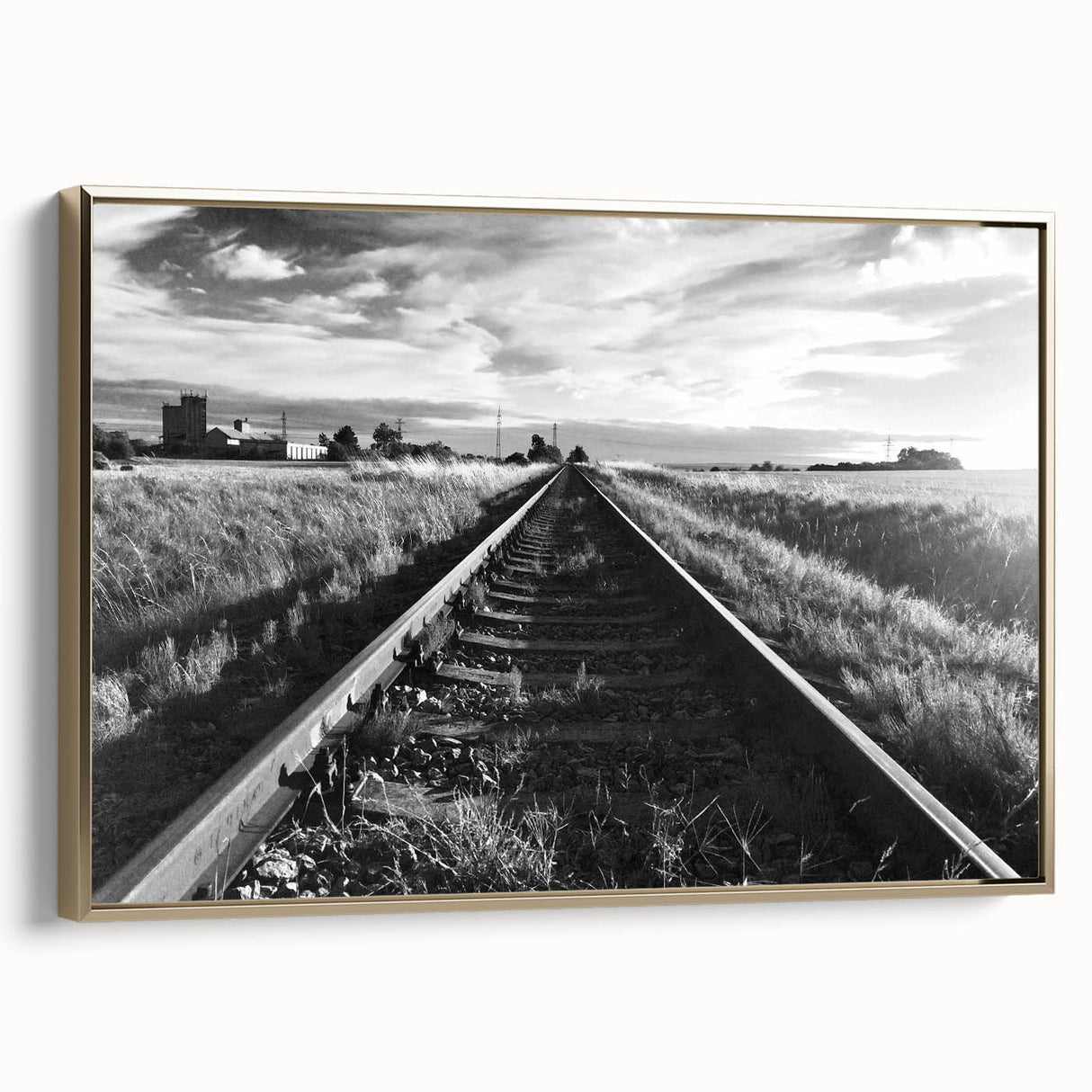 Framed canvas wall art depicting an elegant railroad landscape with rich colors and intricate details, featuring a luxurious gold frame, ideal for modern home decor.