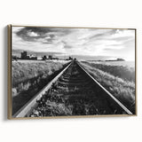 Framed canvas wall art depicting an elegant railroad landscape with rich colors and intricate details, featuring a luxurious gold frame, ideal for modern home decor.