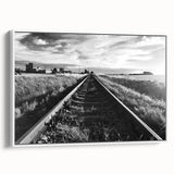 Framed canvas wall art showcasing a serene landscape with railroads, featuring vibrant colors and a modern design, ideal for enhancing home décor aesthetics.