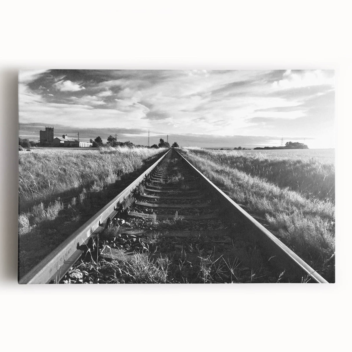 Stretched canvas wall art showcasing a vibrant railroad landscape design, featuring rich colors and intricate details, ideal for enhancing modern home decor.
