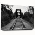 Acrylic glass wall art piece showcasing a vibrant railroad landscape design, highlighted with pins for easy display. The artwork features rich colors and intricate details, ideal for enhancing modern home decor.