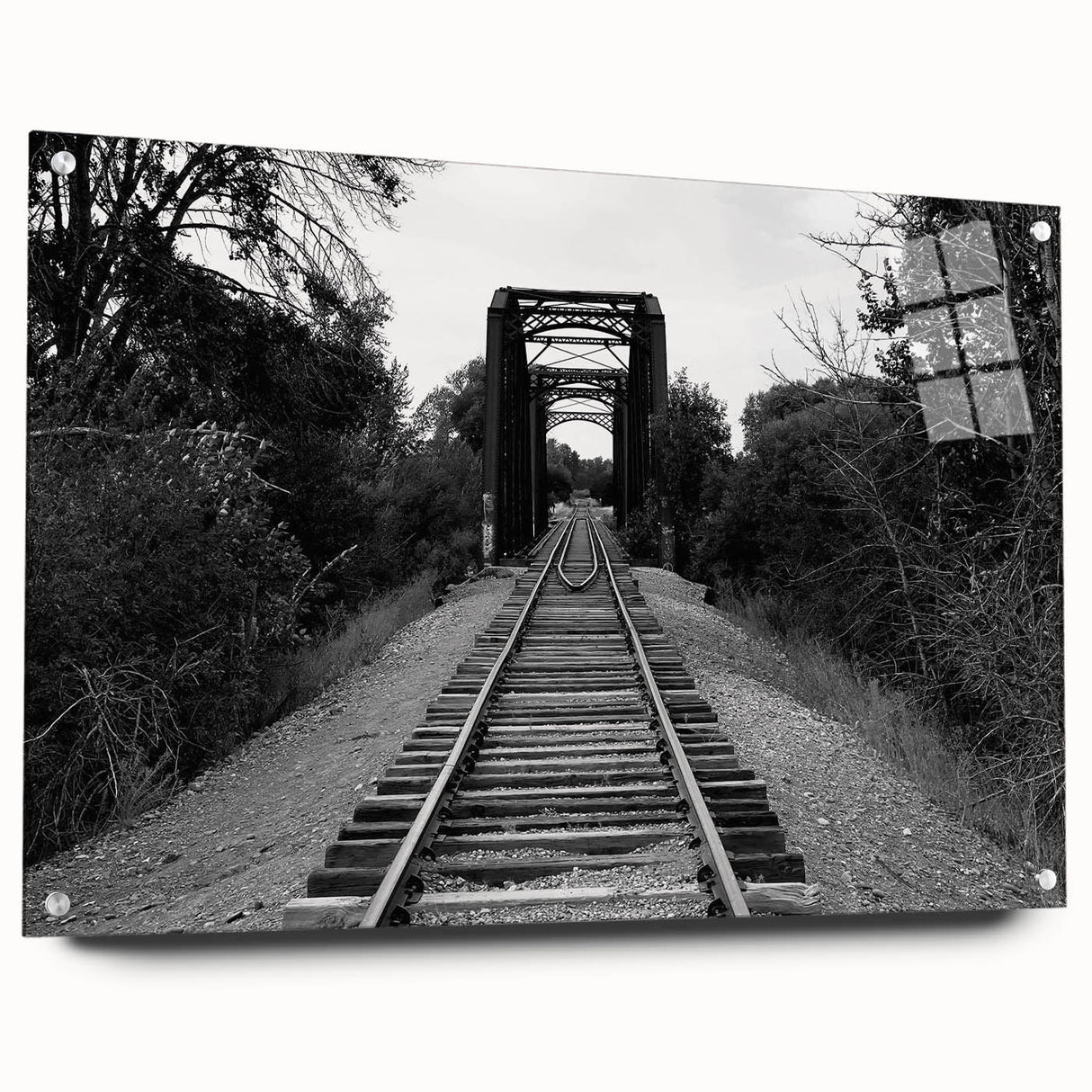 Acrylic glass wall art piece showcasing a vibrant railroad landscape design, highlighted with pins for easy display. The artwork features rich colors and intricate details, ideal for enhancing modern home decor.