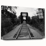 Acrylic glass wall art piece showcasing a vibrant railroad landscape design, highlighted with pins for easy display. The artwork features rich colors and intricate details, ideal for enhancing modern home decor.
