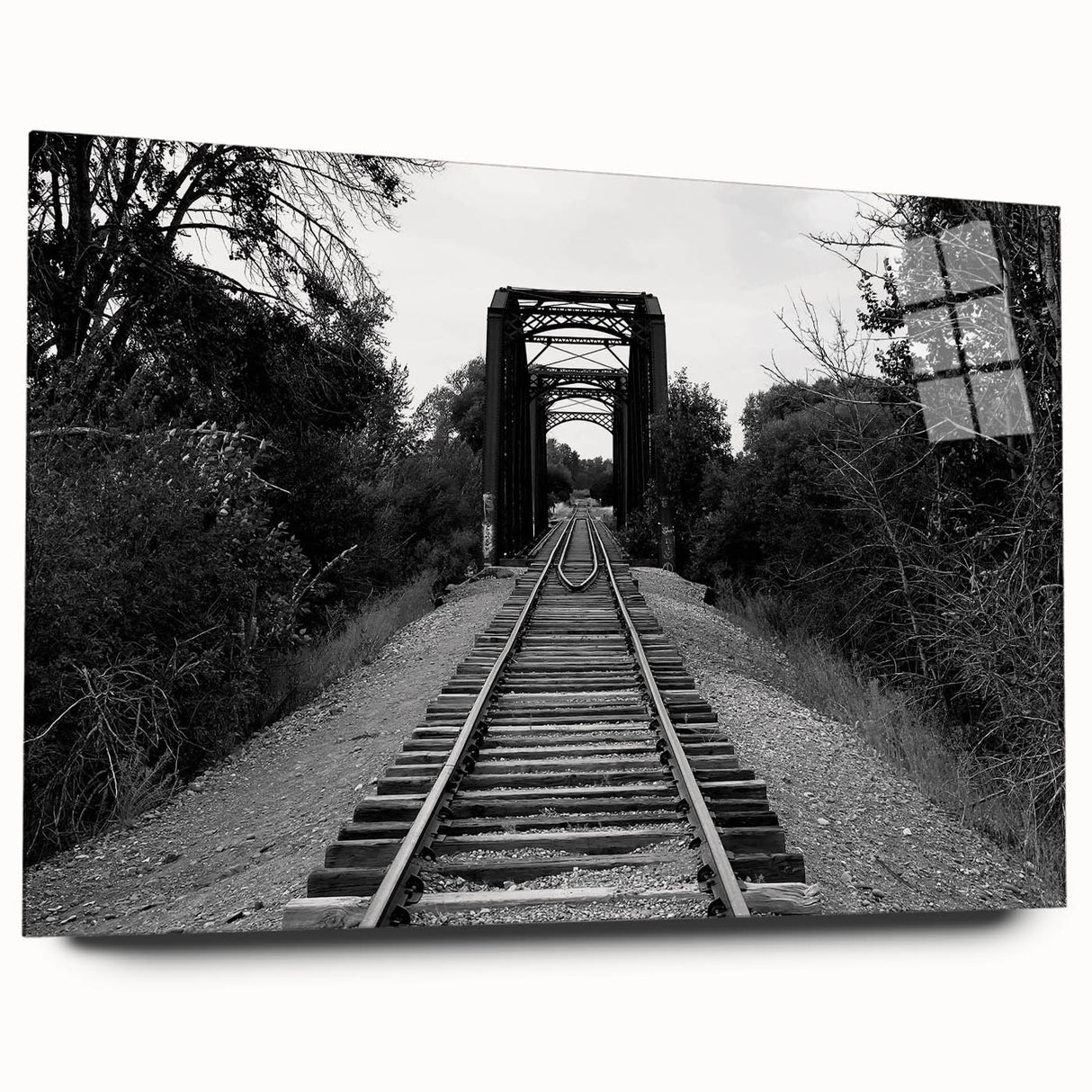 Acrylic glass wall art piece showcasing a vibrant railroad landscape design, featuring rich colors and intricate details, elegantly displayed in a side view without pins. Perfect for enhancing modern interior decor.