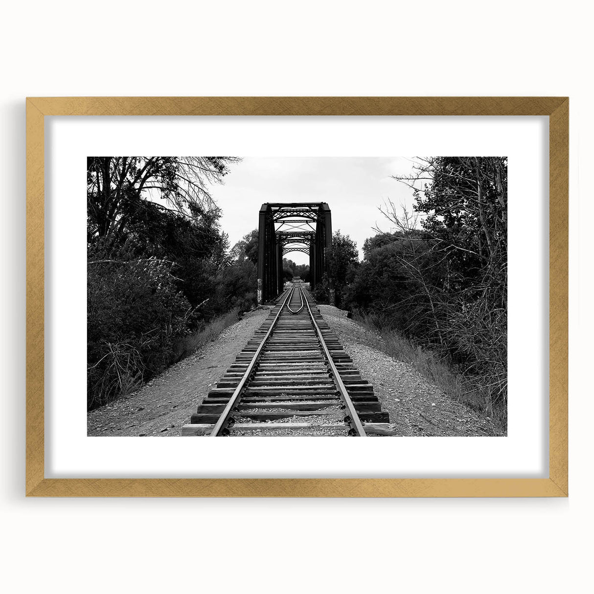 Framed wall art showcasing a vibrant railroad landscape design, featuring gold accents and a matte finish, perfect for enhancing home decor with an artistic touch.