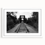 Framed white mat wall art showcasing a scenic railroad landscape, emphasizing vibrant colors and intricate details, perfect for home decor enthusiasts.