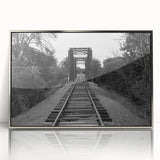 Framed acrylic wall art showcasing a stunning railroad landscape design in silver, highlighting intricate details and vibrant colors for elegant home decor.