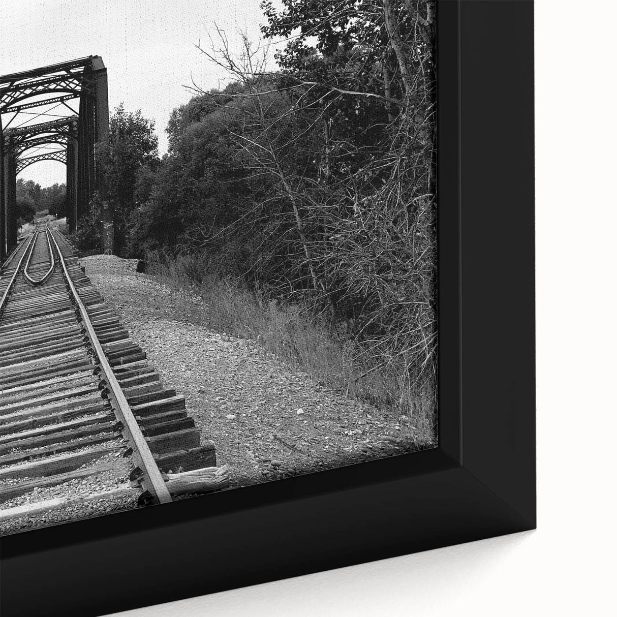 Framed canvas close-up of a vibrant railroad landscape design, showcasing intricate details and rich colors, ideal for enhancing modern home decor.