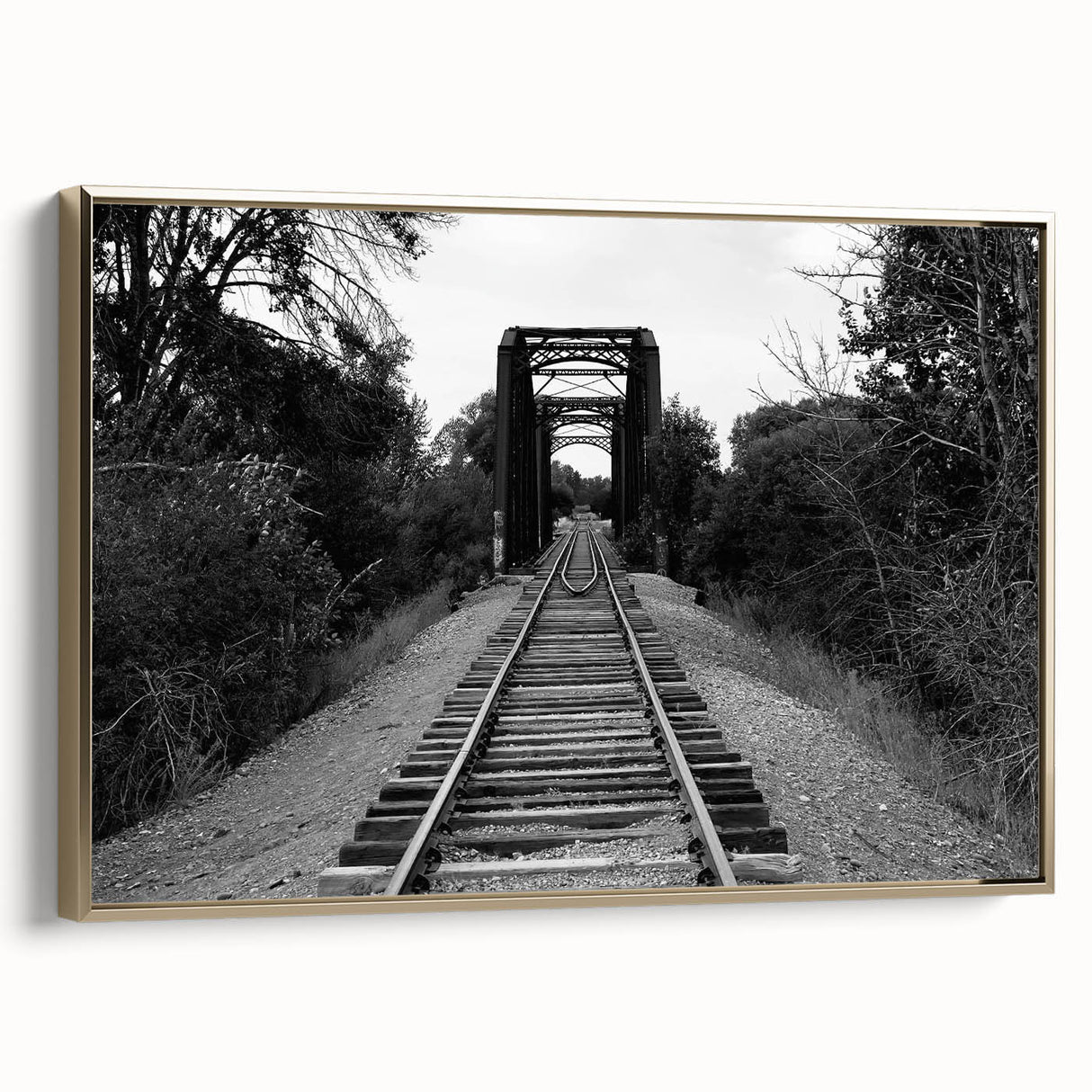 Framed canvas wall art showcasing a stunning landscape with railroads, featuring rich gold accents and a sleek design, ideal for modern home decor.