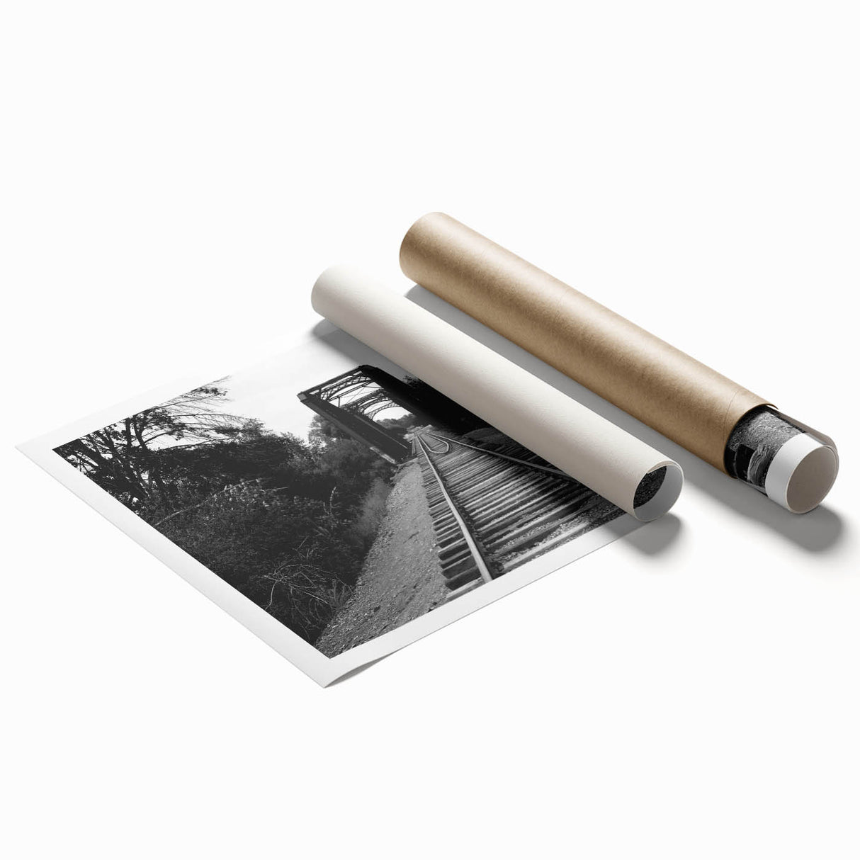 Rolled print showcasing a vibrant landscape featuring a railroad scene, perfect for home or office decor, designed to evoke a sense of adventure and exploration.
