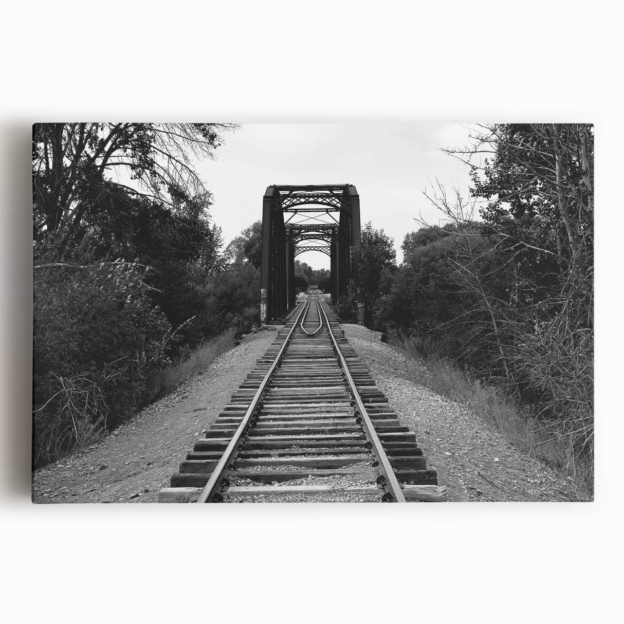 Stretched canvas wall art showcasing a vibrant railroad landscape, featuring rich colors and intricate details, perfect for enhancing modern decor in homes or offices.