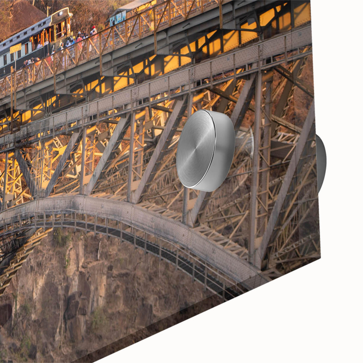 Close-up of a vibrant acrylic glass artwork showcasing a railroad landscape, featuring rich colors and intricate details, ideal for modern home decor.
