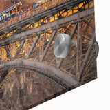 Close-up of a vibrant acrylic glass artwork showcasing a railroad landscape, featuring rich colors and intricate details, ideal for modern home decor.