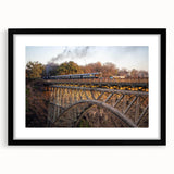 Framed landscape wall art featuring a serene railroad scene, with a black mat and sleek black frame, perfect for home decor and enhancing interior aesthetics.