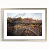 Framed silver wall art design showcasing a scenic railroad landscape, complete with a white mat, perfect for home decor and interior design enthusiasts.