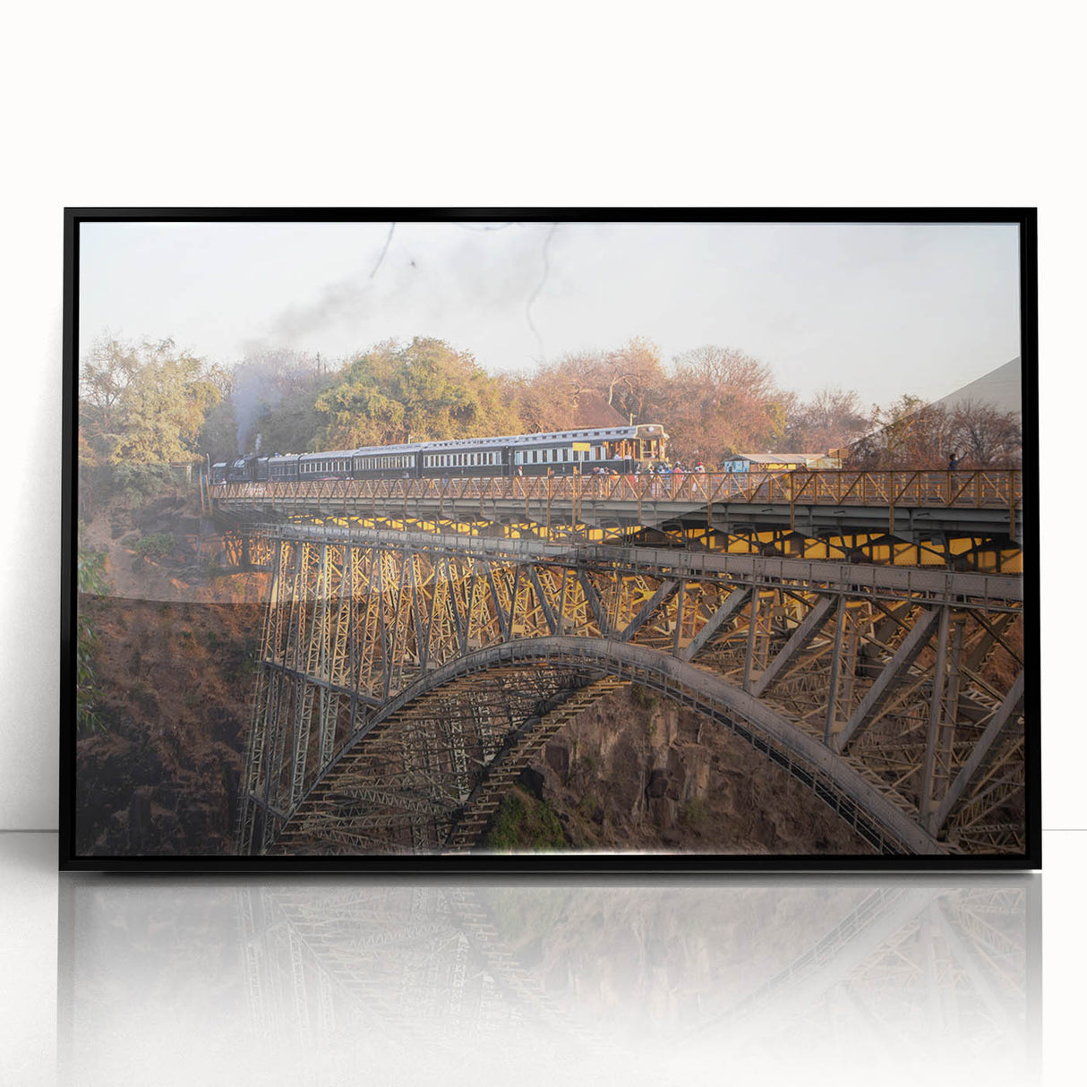Framed acrylic wall art showcasing a vibrant landscape with a railroad theme, featuring rich colors and detailed design, ideal for modern decor.