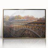 Framed acrylic wall art showcasing a stunning landscape with railroad tracks, featuring vibrant colors and a gold frame, perfect for modern home decor.