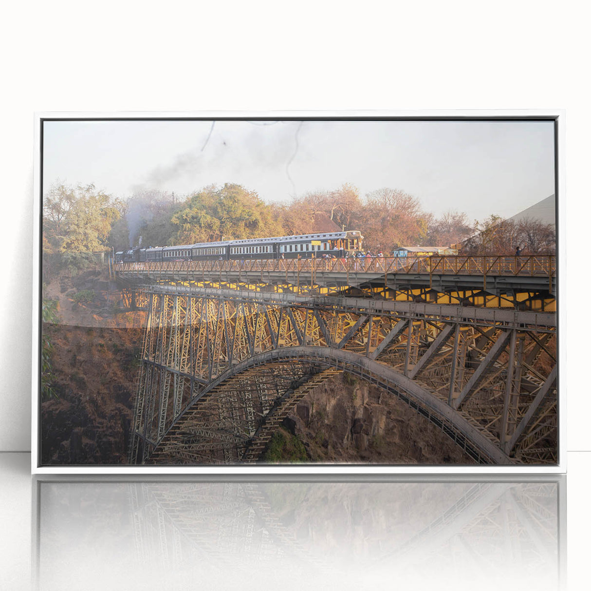 Framed acrylic wall art featuring a serene railroad landscape design with vibrant colors, ideal for modern home decor and art enthusiasts.