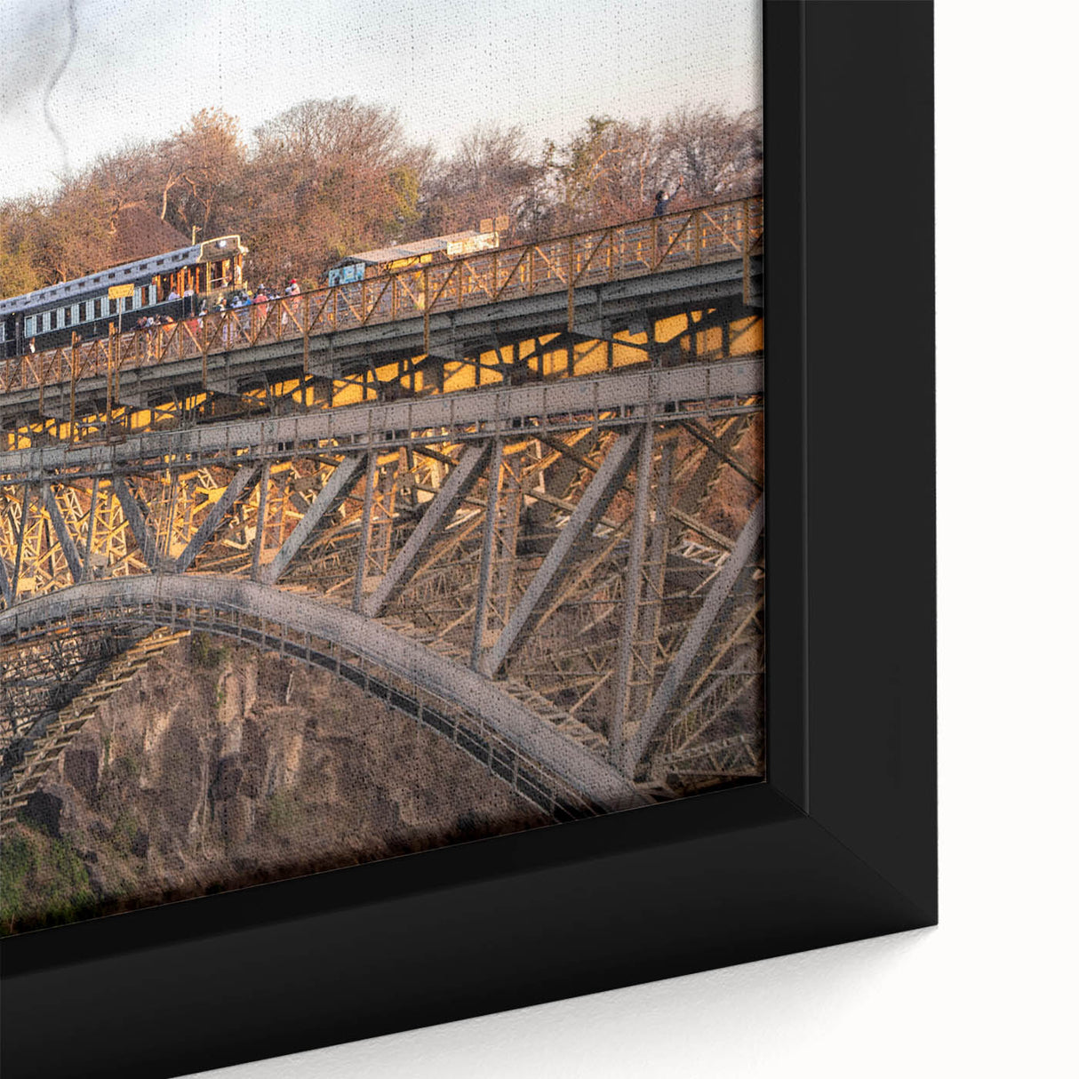 Framed canvas wall art featuring a vibrant landscape design with a railroad theme, showcasing rich colors and intricate details, ideal for home decor.