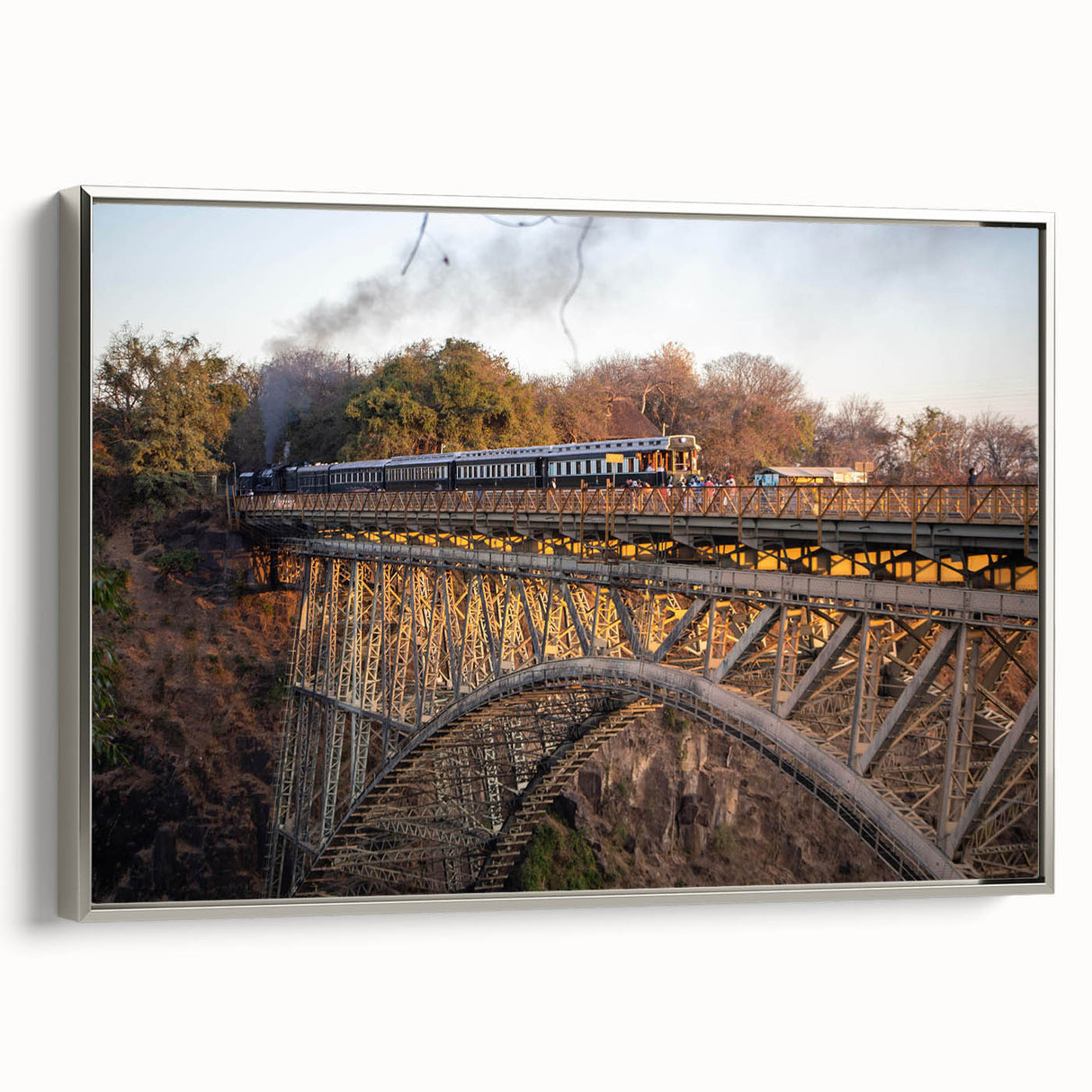 Framed canvas wall art featuring a serene landscape with a railroad, showcasing vibrant colors and intricate details, perfect for modern home decor.