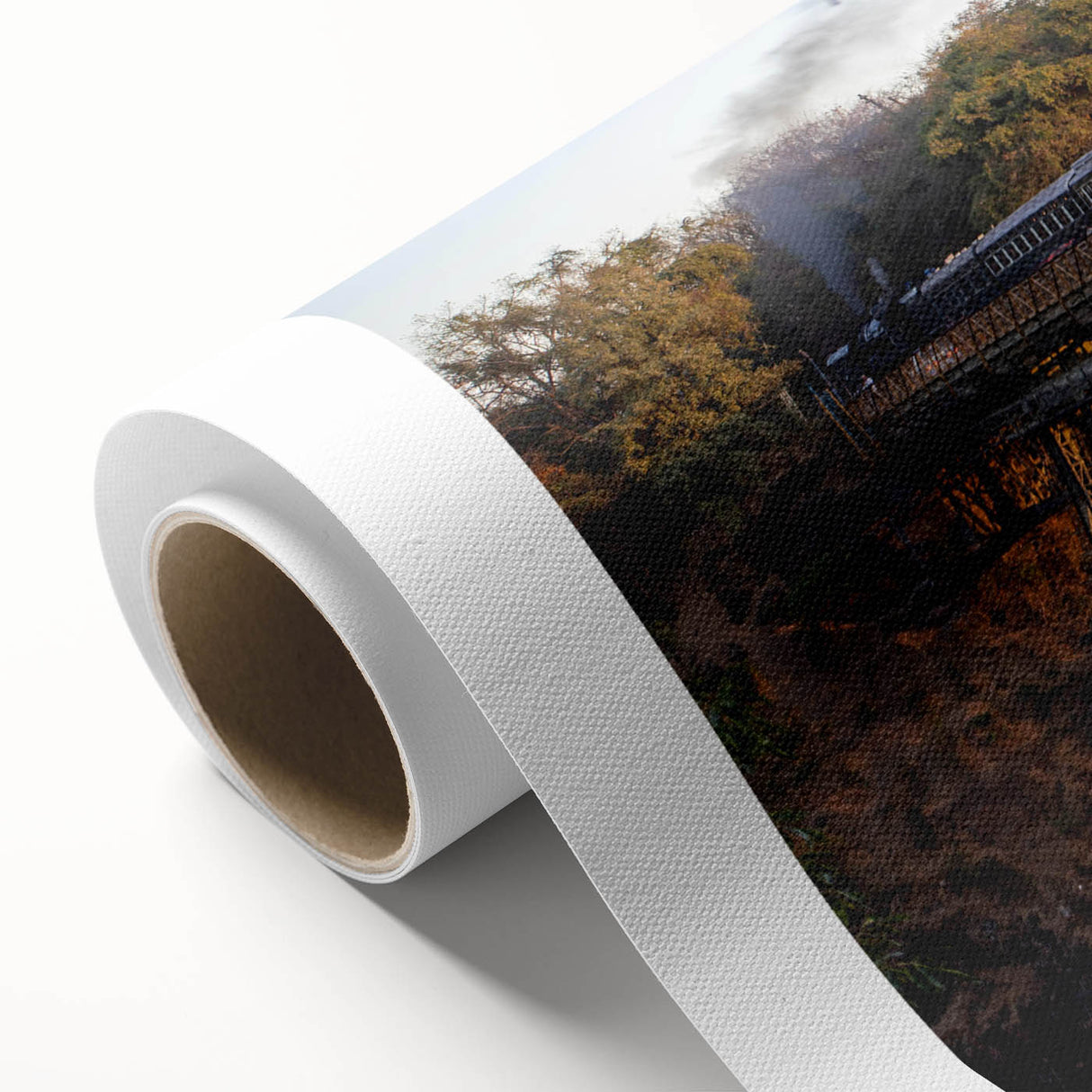 Rolled canvas wall art showcasing a vibrant railroad landscape design, featuring intricate details and rich colors, perfect for enhancing modern home decor.