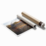 Vibrant rolled print showcasing a scenic railroad landscape with lush greenery and a clear blue sky, perfect for home or office decor. Ideal for art collectors.