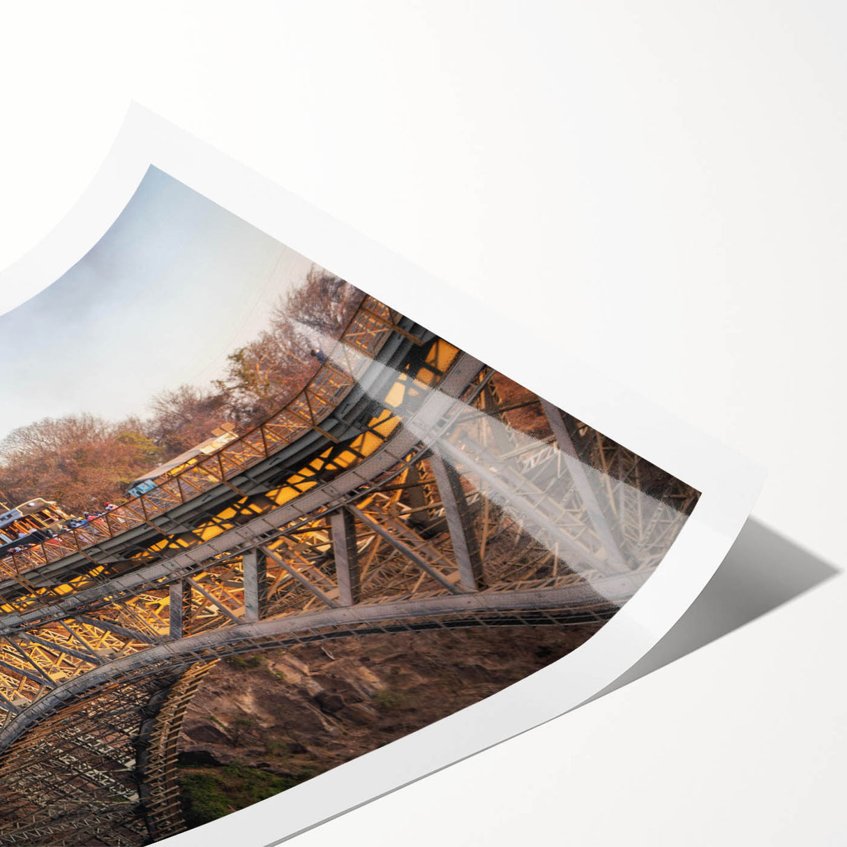 Landscape wall art print showcasing a vibrant railroad scene with lush greenery and a bright blue sky, rolled and ready for framing to enhance home decor.