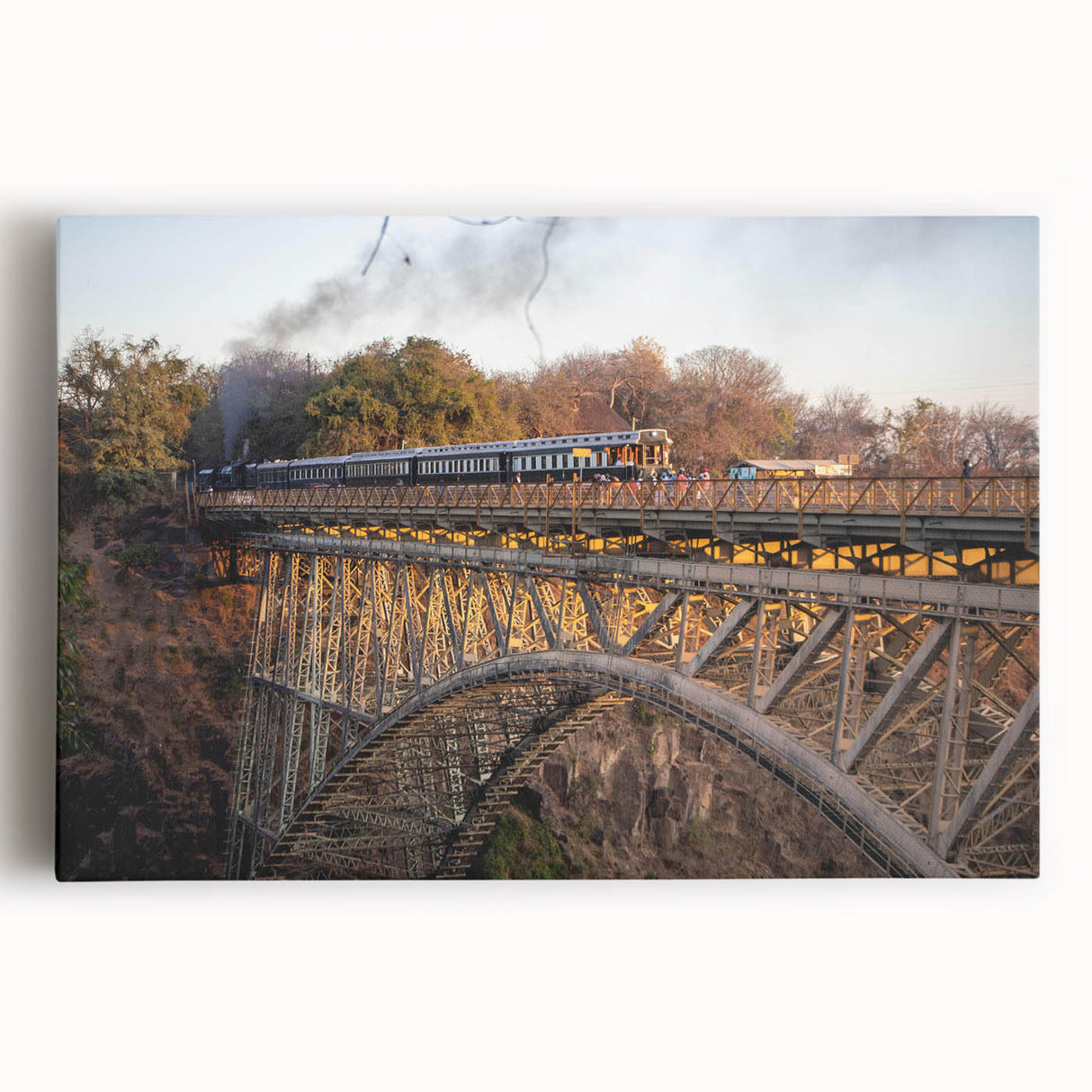 Stretched canvas wall art showcasing a vibrant landscape with railroad tracks, ideal for home decor. Perfect blend of colors enhances any interior space.
